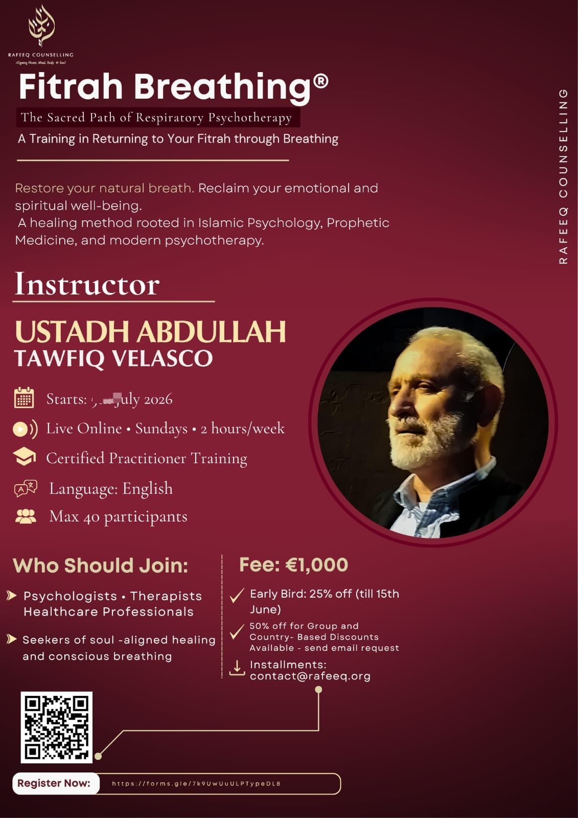 Fitrah Breathing® — The Sacred Path of Respiratory Psychotherapy. Training with Ustadh Abdullah Tawfiq Velasco. Live online, Sundays, 2 hours/week. Certified Practitioner Training in English.